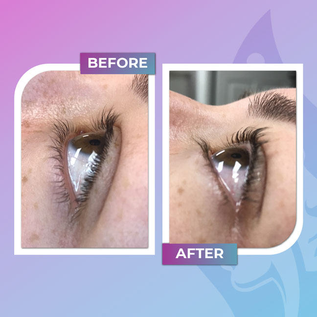 Before and after lash lift treatment close-up