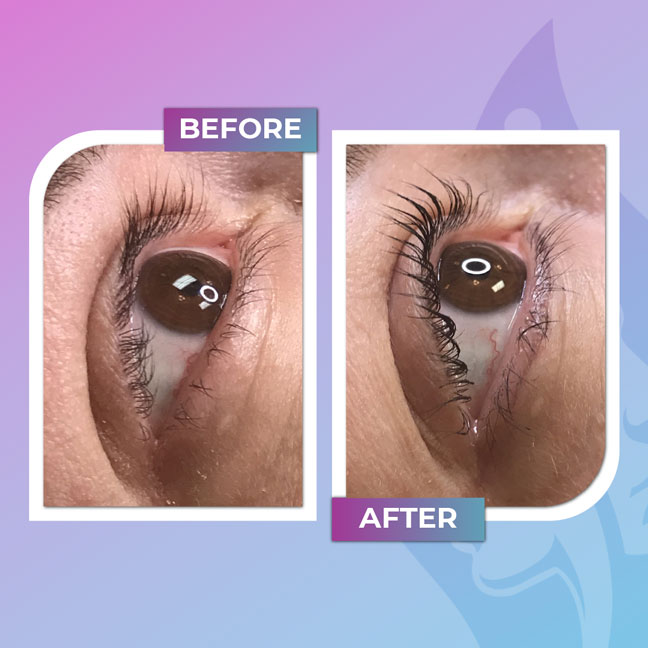Before and after lash lift treatment for curled, lifted lashes